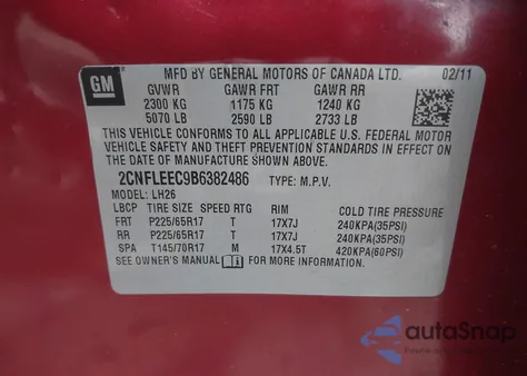 2011 Chevrolet Equinox 1Lt из США, поврежденный, VIN 2CNFLEEC9B6382486